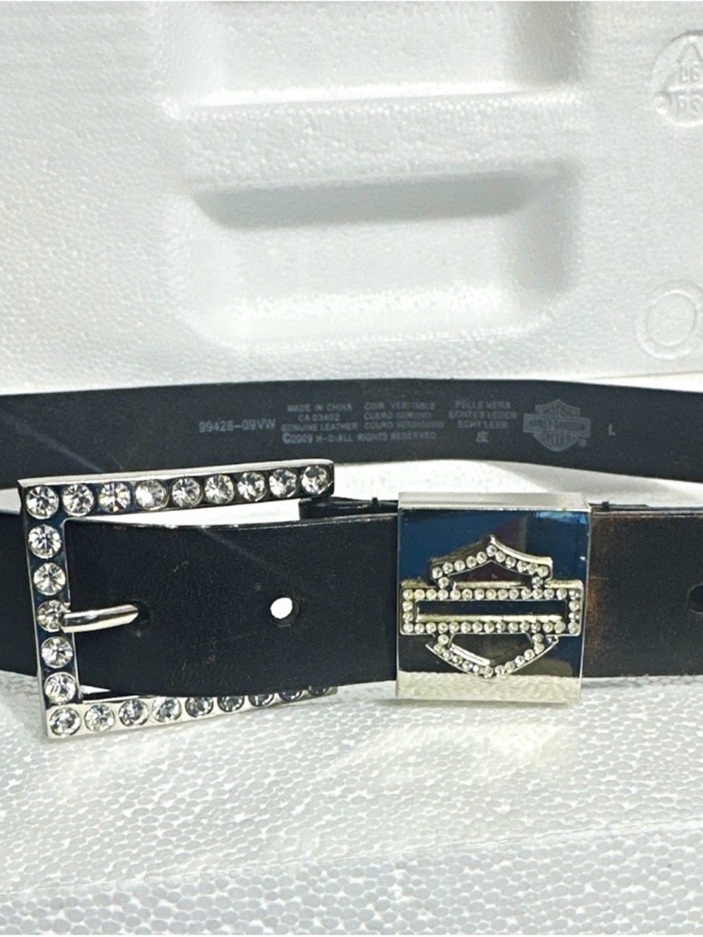 Harley-Davidson Black Leather Belt with Crystal Buckle and Emblem